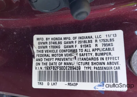 2013 Honda Civic Lx from USA, damaged, VIN 19XFB2F50DE289459